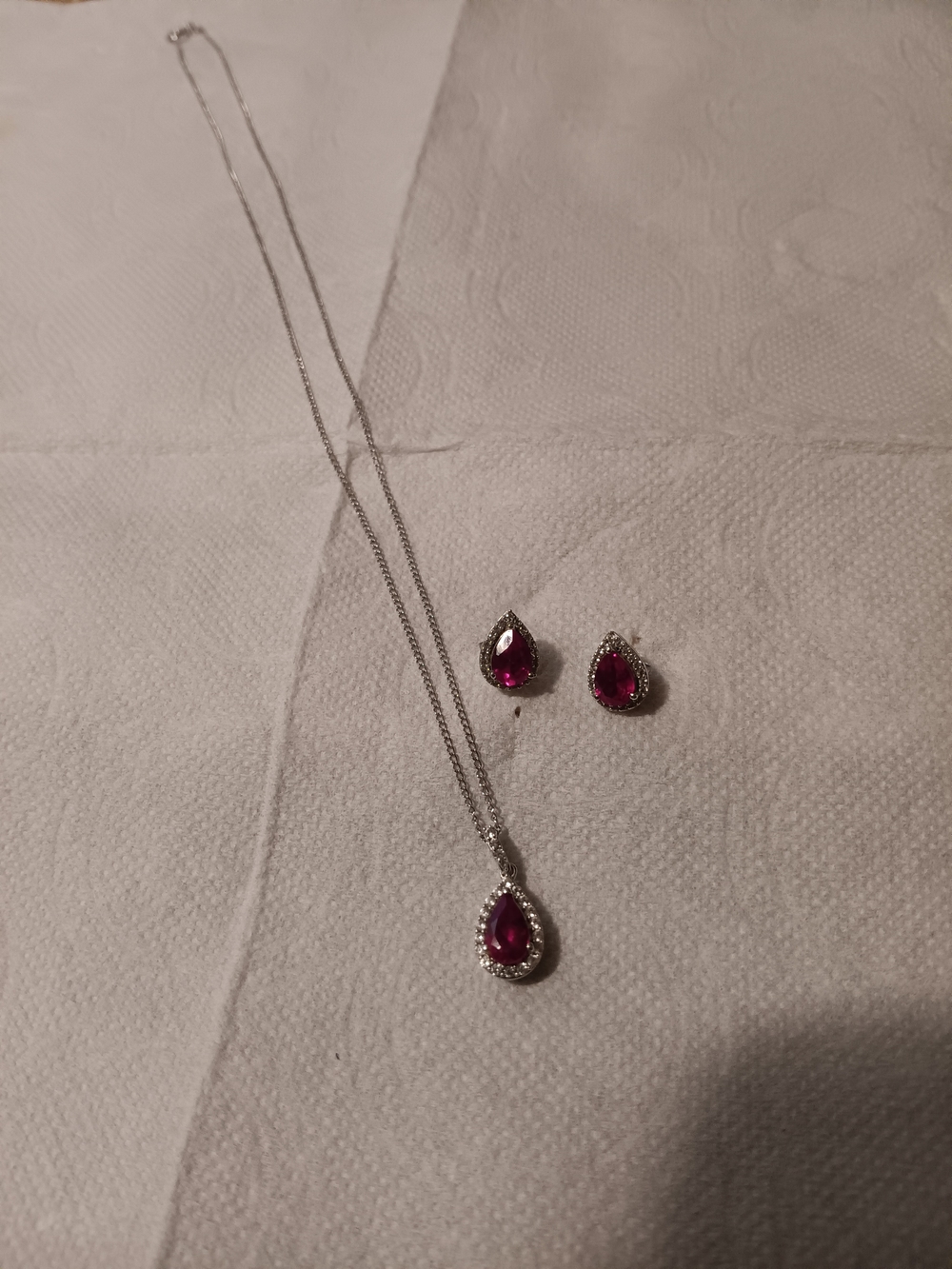 Sterling Silver Teardrop Ruby and Diamond Pendant Necklace and Earrings Set